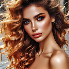 Fototapeta premium Portrait of a Beautiful young woman, wind in long curly gold hair, green eyes