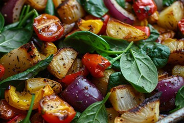 Close-up view of a plate filled with roasted vegetables and baby spinach leaves, Roasted vegetables mixed with baby spinach leaves