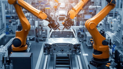Robotic arms assembling car parts on a production line in a modern factory