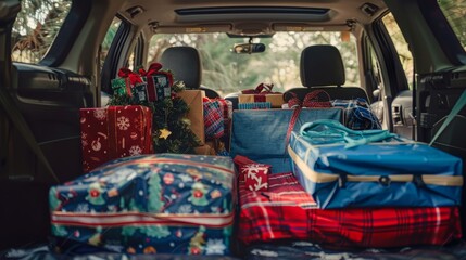 Naklejka premium Christmas Gifts Packed in a Car Trunk