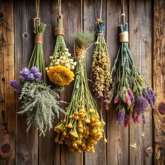 A bouquet of dried flowers and herbs hanging from a rustic wooden wall