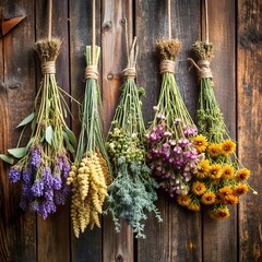A bouquet of dried flowers and herbs hanging from a rustic wooden wall