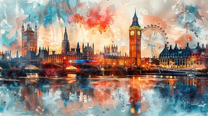 Obraz premium Union Jack flag with its bold colors, waving energetically in the breeze, watercolor style, against a light background subtly featuring the London skyline,