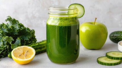 Fresh green smoothie in a jar with cucumber, apple, kale, and lemon on a light background. Healthy and refreshing detox drink.