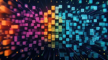 Dynamic cyber-themed pixel explosion in vibrant neon colors, creating a fast-paced visual effect