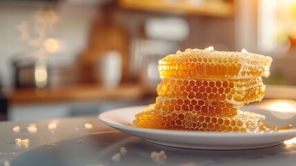 Golden honeycomb stacked on a plate, basking in warm sunlight, perfect for showcasing nature's sweetness in a cozy kitchen setting.