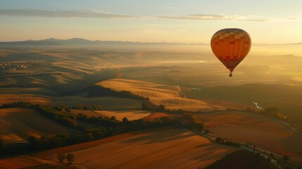 Obraz premium Hot Air Balloon Soaring Over Golden Fields at Sunrise