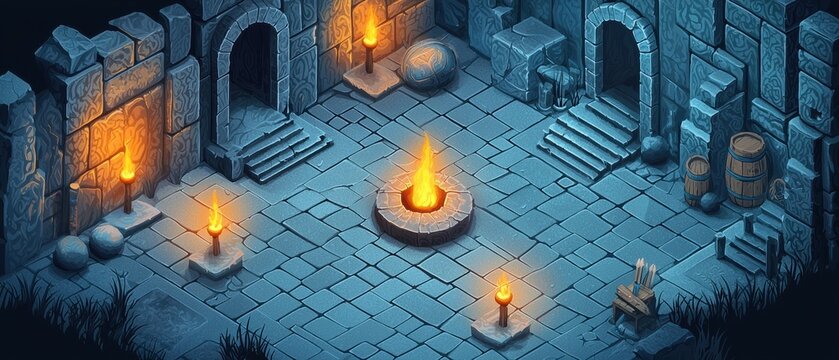 Pixelated isometric dungeon environment with retro rpg vibe featuring dark and mysterious design elements