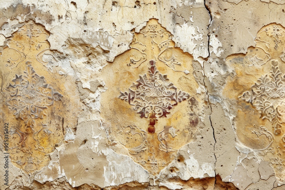 Poster detailed close-up of a rough stucco wall with peeling paint revealing intricate patterns, rough stuc