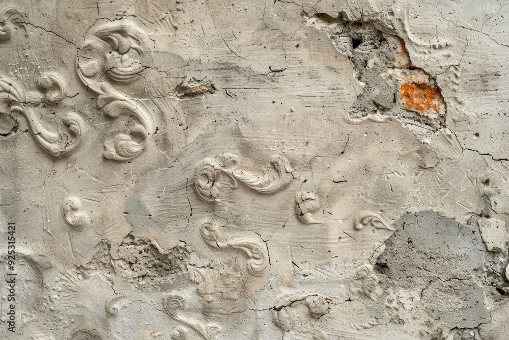 Poster detailed close-up of a rough stucco wall with an intricate network of cracks and patterns, rough stu