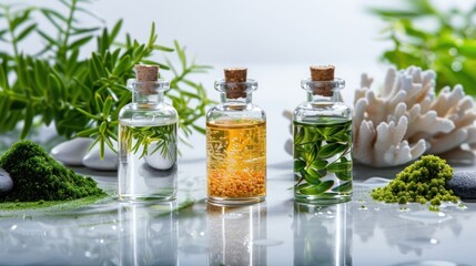 Three glass bottles with essential oils and herbs, accompanied by green plants and sea coral, on a white reflective surface.