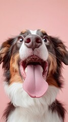 Fototapeta premium Funny and hungry Australian Shepherd licking his lips with his tongue on pink pastel background.