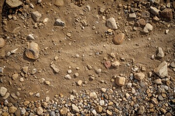 A rough terrain filled with small rocks and gravel scattered on the ground, Rough, weathered ground with small pebbles and sand