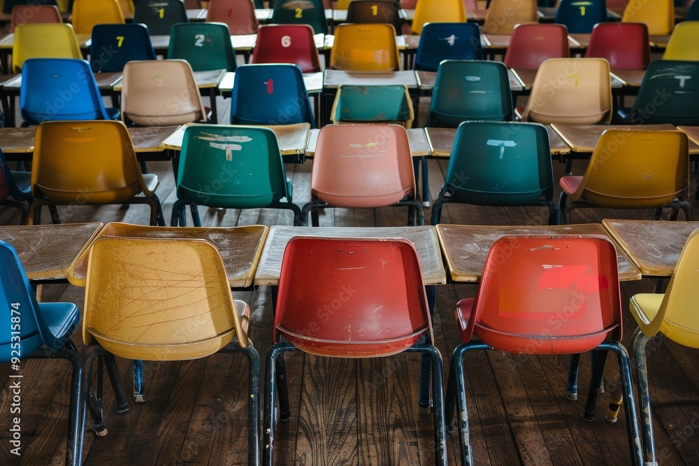 Poster neat rows of colorful school chairs in a classroom setting, rows of desks and chairs perfectly align