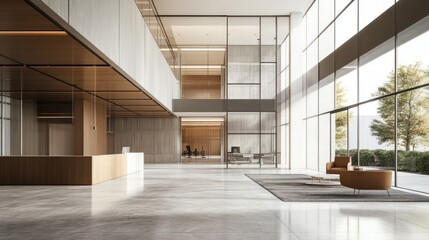 Fototapeta premium Modern Lobby with Wooden Accents and Large Windows