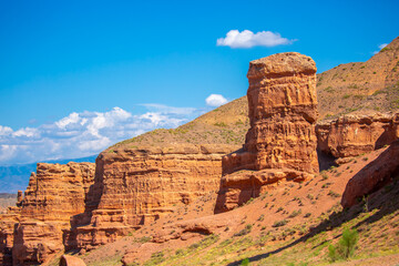 Charyn Canyon, Valley of Castles. The excellence of Kazakhstan. Panorama of natural unusual landscape. The red canyon of extraordinary beauty looks like a Martian landscape.