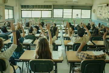 Fototapeta premium A classroom scene with rows of desks filled with students eagerly raising their hands to participate in class, Rows of desks filled with students eagerly raising their hands