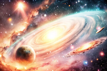 Obraz premium Space background, deep space with stars and galaxies, the Milky Way and tailed comets, dark and mysterious, AI Generation