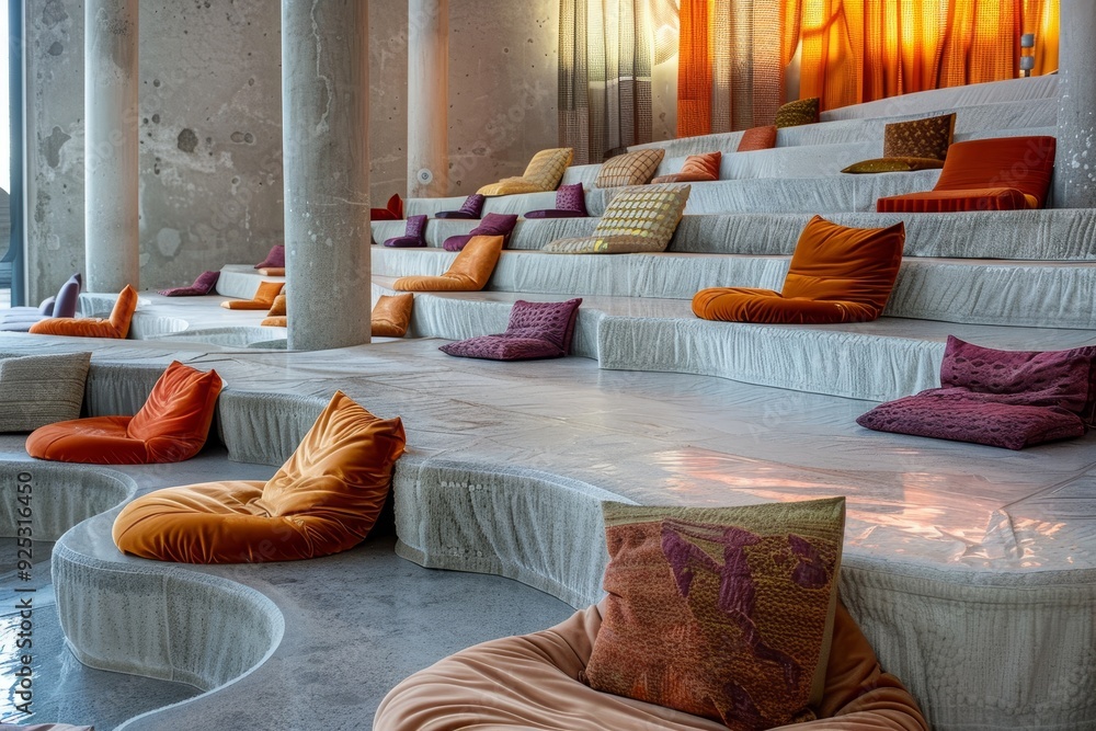 Poster room filled with rows of various colored pillows arranged neatly in a tiered formation, rows of plus