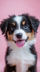 Funny and hungry Australian Shepherd licking his lips with his tongue on pink pastel background.