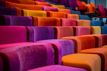 Fototapeta premium A row of colorful chairs arranged next to each other in a tiered formation, Rows of plush seating arranged in a tiered formation