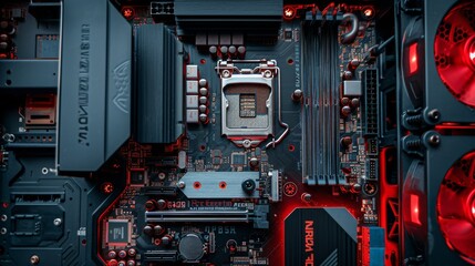 Close-Up of a Modern Computer Motherboard with Red LEDs