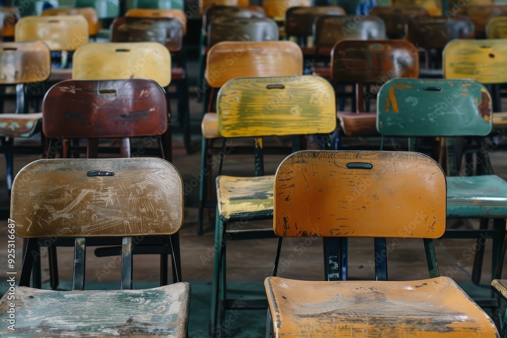 Poster empty old school chairs arranged in rows in a classroom, rows of unoccupied desks in a classroom tha