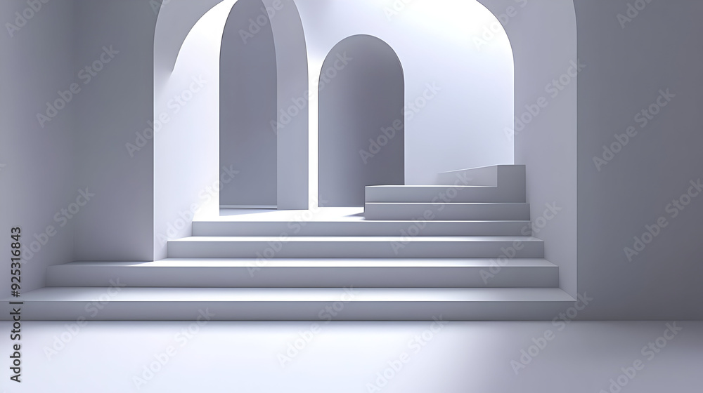 Poster a minimalist architectural space with steps and arches, emphasizing light and shadow.