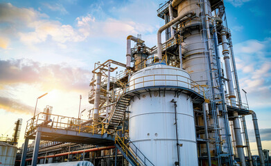 A white silo with industrial pipes