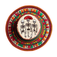 Colorful sombrero featuring playful skeletons, perfect for celebrating Dia de los Muertos or Mexican culture.
