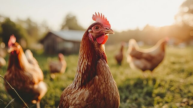 A close-up of a brown hen standing in a field of green grass, with other hens blurred in the background, basking in the golden glow of the setting sun.