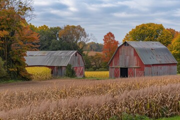 Two rustic red barns stand in a corn field, flanked by trees under the sky, Rustic barns surrounded by golden fields of corn