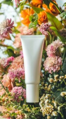 White cosmetic tube mockup among different colorful flowers, concept of beauty and nature