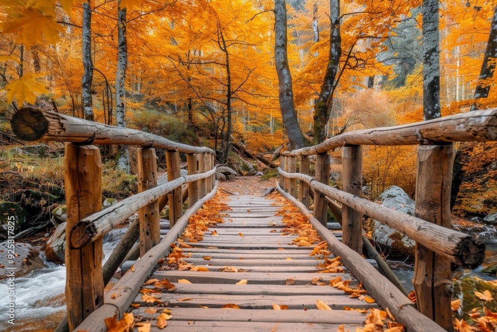 Poster a wooden bridge crosses over a stream surrounded by trees in a forest setting, rustic wooden bridge 