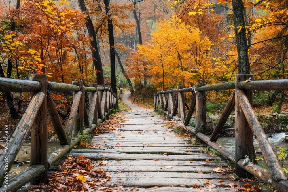 Poster a rustic wooden bridge crossing a stream in the middle of a dense forest during autumn, rustic woode