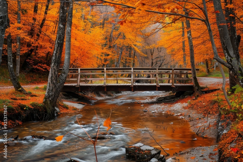 Poster a rustic wooden bridge crosses a stream in a forest setting during autumn season, rustic wooden brid