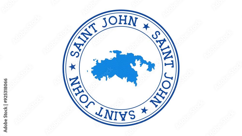 Poster saint john intro. badge with the circular name and map of island. saint john round logo animation.