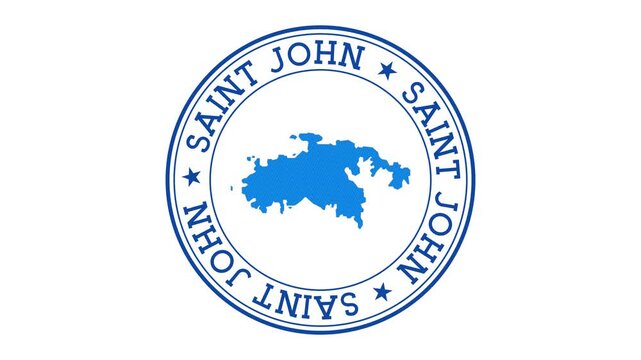 Saint John intro. Badge with the circular name and map of island. Saint John round logo animation.