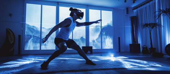 Man Doing Virtual Reality Exercise: Zumba and Pilates in a Futuristic World
