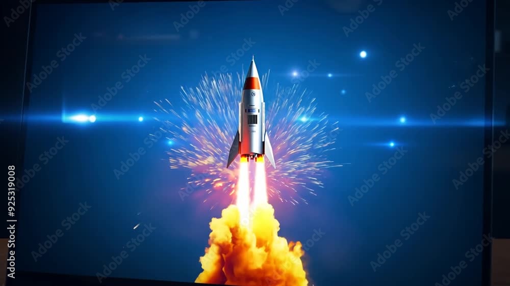 Poster rocket launch simulation from laptop screen with dynamic effects generative ai