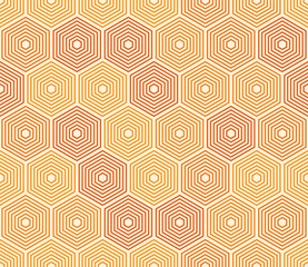 Honeycomb hexagons background. Stacked hexagons mosaic pattern. Orange color tones. Large hexagon shapes. Seamless pattern. Tileable vector illustration.