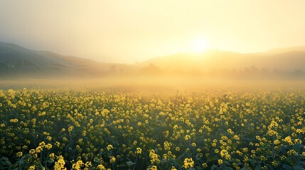 Obraz premium Dawn mist covering a mustard field at daybreak