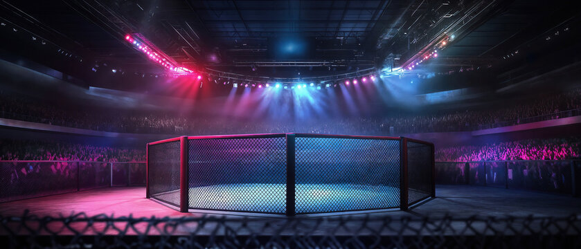 A MMA cage with a crowd of people watching. The ring is surrounded by a fence, the crowd is cheering