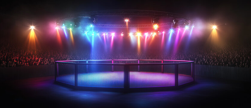 A stadium packed with people waiting for the MMA fight to begin. The lights are bright and colourful