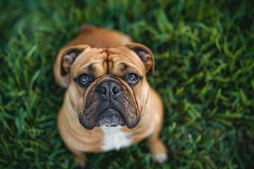 Fototapeta premium Bulldog looking up with an expressive face, sitting on green grass, highlighting the breed's characteristic features and endearing personality