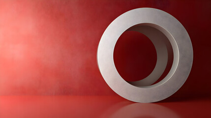 A minimalist composition featuring two circular shapes against a red background.