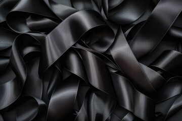Obraz premium Black satin ribbon gathered in a pile on a tabletop, Satiny black ribbon twisting and curling in elegant loops