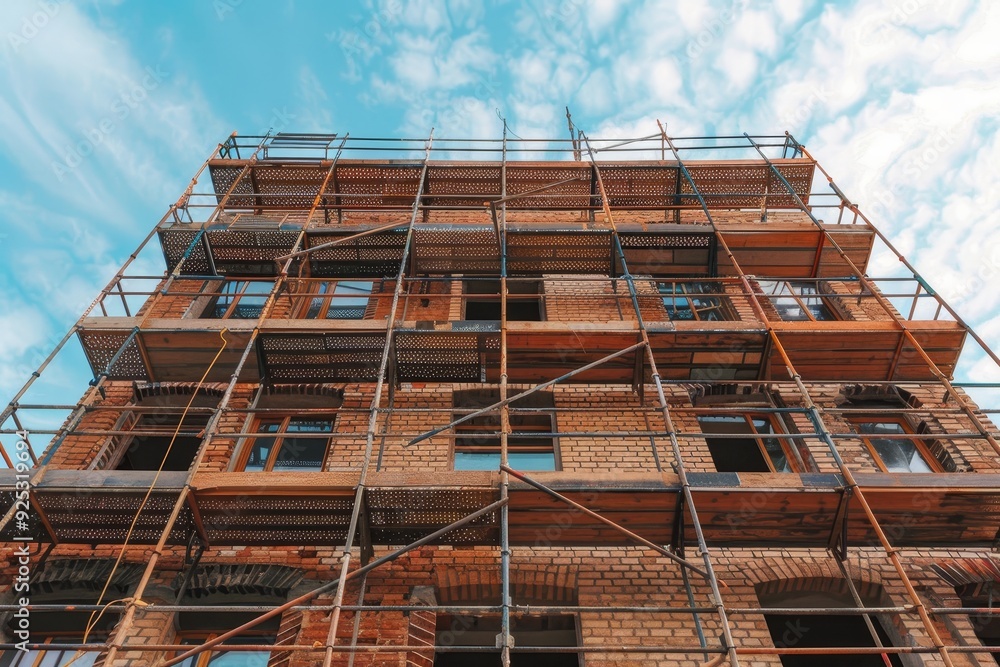 Poster a tall brick building with scaffolding surrounding it during construction, scaffolding rising up the
