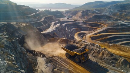 Hauling ore in a huge dump truck over the terraced paths of a deep open pit mine. The concept of developing a deposit of something. Large-scale mining operations. Illustration for varied design.