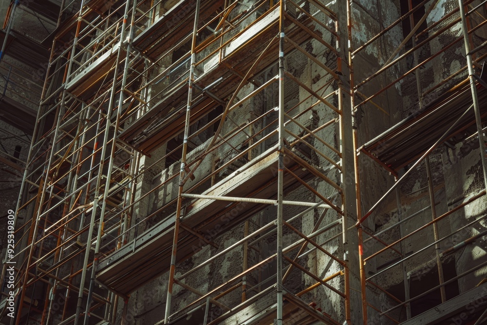 Poster a tall building under construction with scaffolding surrounding its structure, scaffolding rising up